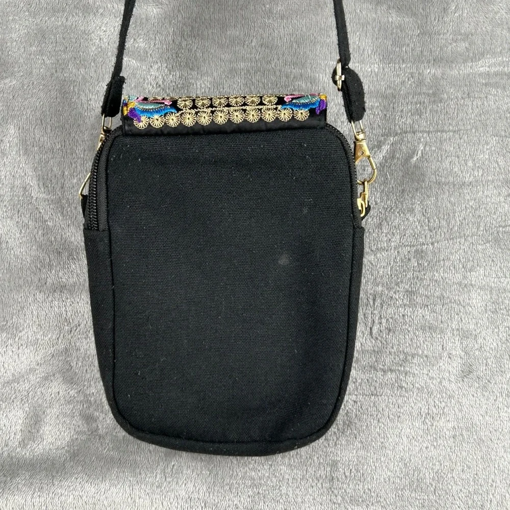 Boho Embroidered Canvas Crossbody Bag Black Floral Bird Utility Phone Purse